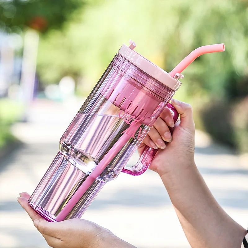 Корейская кружка-термос с ручкой и двойной трубочкой для напитков большая емкость активного отдыха кофе девушек