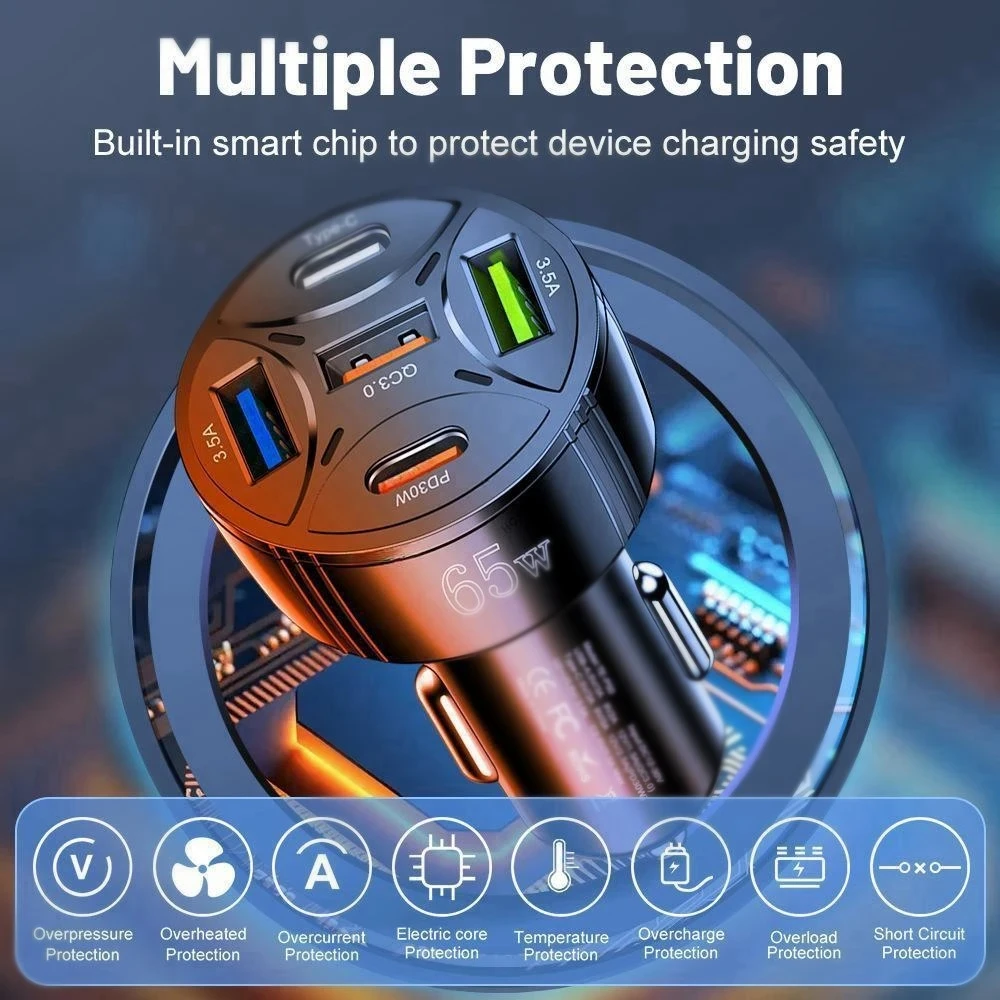 65W USB Car Charger Fast Charging 5 Ports PD Type C Car Phone Charger Adapters For Phone Xiaomi Samsung Quick Charger In Car
