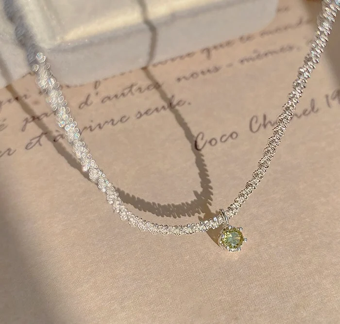 Hot Sale 925 Sterling Silver Necklace Green Single Round Zircon Pendant Clavicle Chain Party Gift Fashion Women Jewelry 2023 New