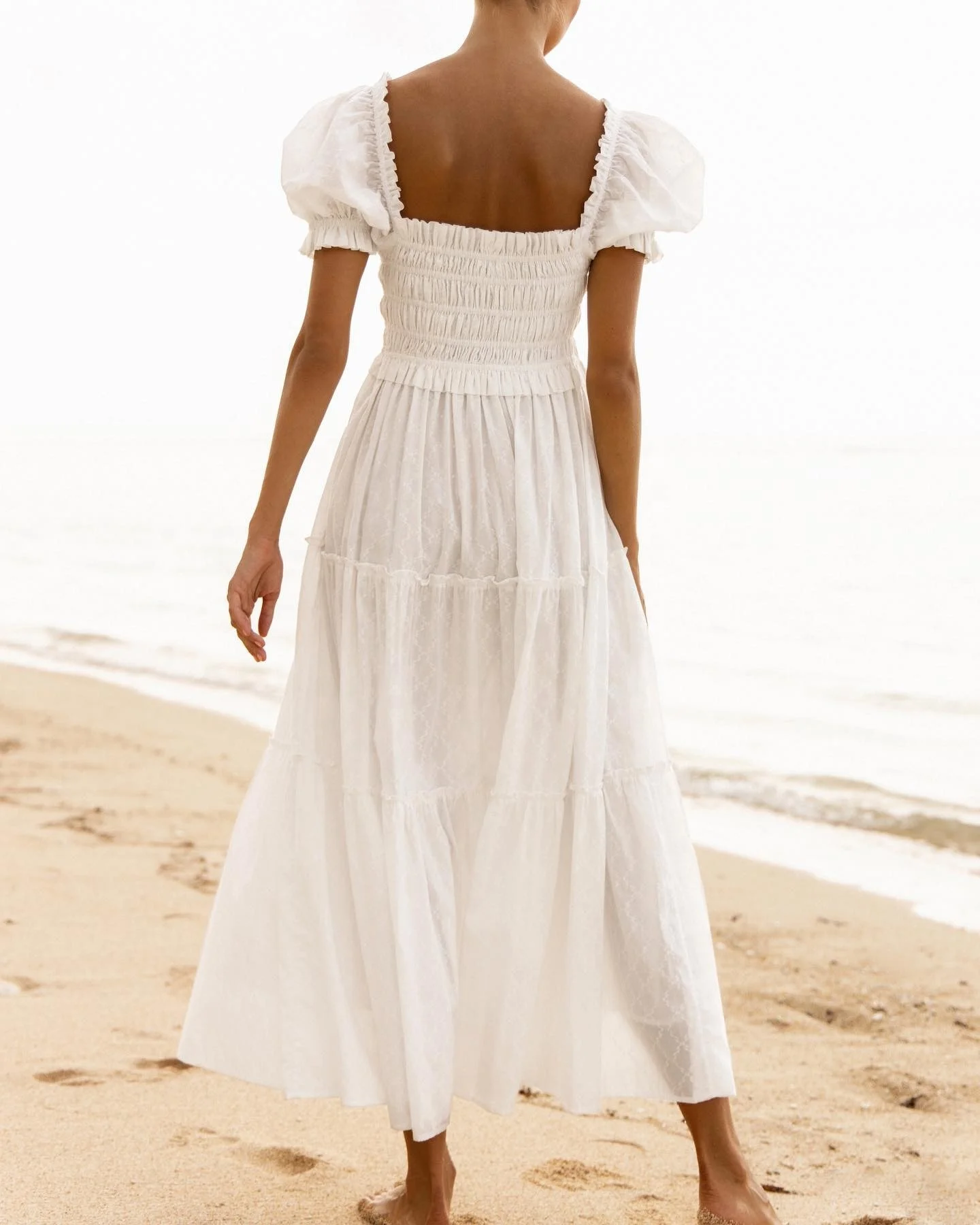 Women cotton long casual grace  dress puff sleeves for holiday