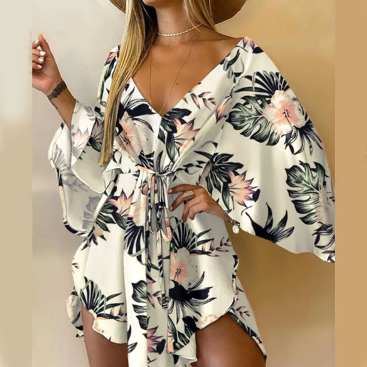 Batwing Sleeve Sexy V-Neck Leaf Print Party Dress Women Elegant Lace-Up Waist Dress Casual Irregular Beach Dress