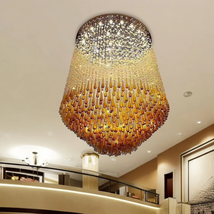 Modern Luxury Duplex Villa Hotel Club Custom Large Size Remote Control Indoor Hanging Glass Stone Crystal Chandelier