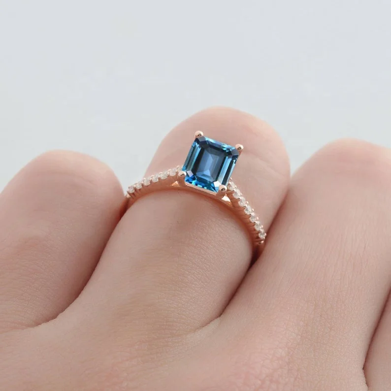 Solid 925 Silver Emerald Cut Halo Swiss Blue Stone Engagement Ring 18K Rose Gold Plated Birthstone Jewelry