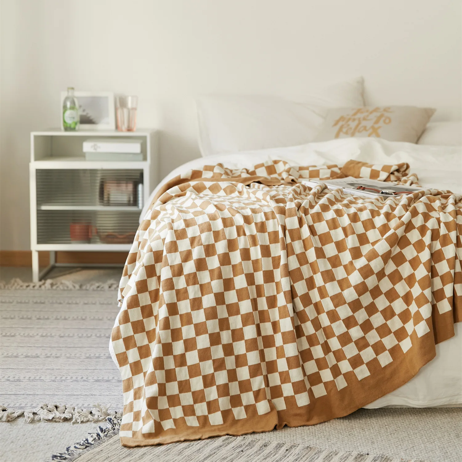 Winter Checkerboard Vintage Design Cashmere Touched Super Soft Thick Warming Knitted Blanket Cover Blanket