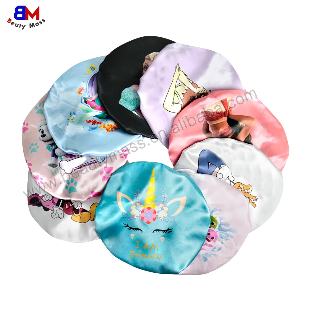 Best Selling Toddler Infant Satin Hair Bonnets Double Layered Reversible Kids Cartoon Character Satin Bonnet for Night Sleep Cap