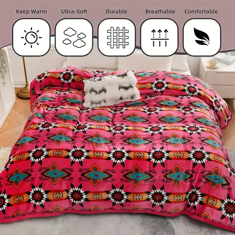 New Arrived Soft Cozy Boho Ethnic Style Printed Flannel Blanket Customized Polyester Fleece Throw Blanket For Winter