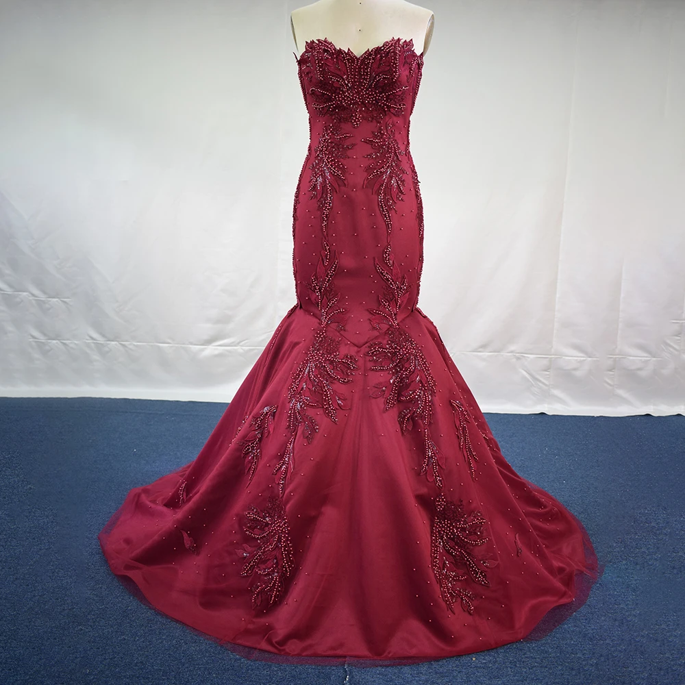TEENYEE  Elegant Red Detachable Sleeves Satin Lace Beaded Wedding Dresses Mermaid Backless Evening Prom Gowns
