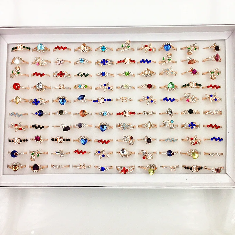 PUSHI best selling cheap wholesale ring lot colorful glass crystal rhinestone ring mix lot rings jewelry women