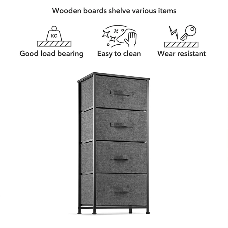 Sturdy Metal Steel Frame Wood Top 4 Drawer Organizer Foldable Fabric Storage Dresser For Bedroom