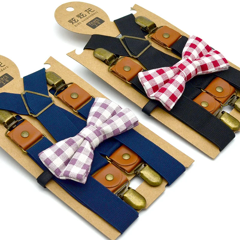 Fashion 4 Clips Y-back Wholesales Kids Suspenders  Y-back  Elastic Bow Tie Suspenders Set for Kids and boys and children