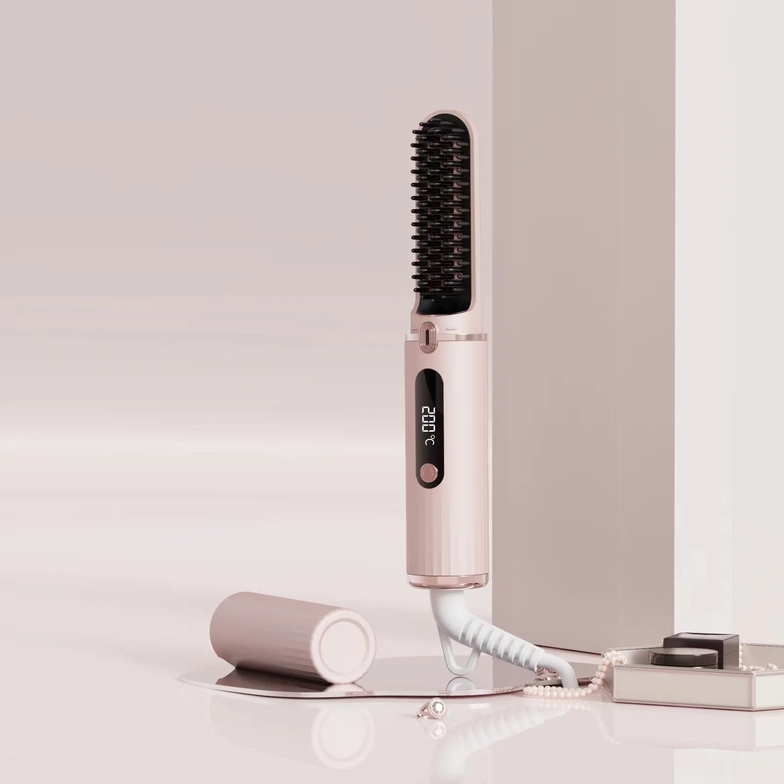 2 In 1 Cordless Portable Straightening Brush 30s Fast Heating Electric Comb Hair Straightening Lcd Display For Smooth