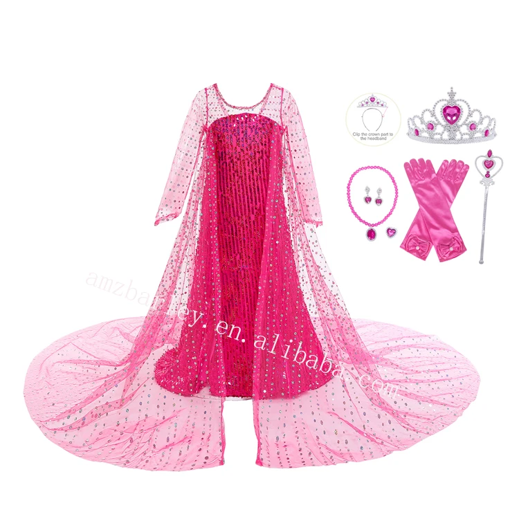 Hot Sale Long Cloak Elsa Queen Costume Sequin Kids Masquerade Party Dress for Ice Girls with Wig Crown Gloves Magic Stick