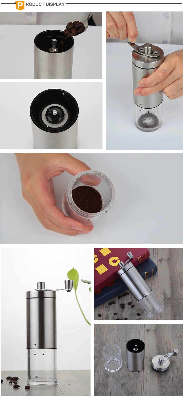 Manual coffee grinder folding handle grinder with wood grain printing