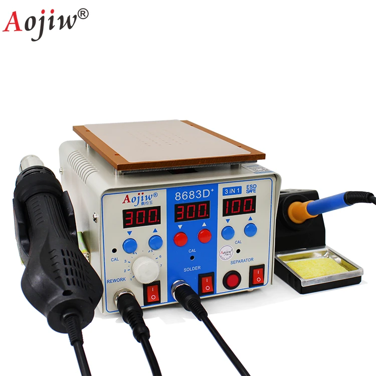 Aojiw 8683d+ 3 in 1 LCD Digital Hot Air Iron Separator Soldering Iron Best Soldering Station Factory