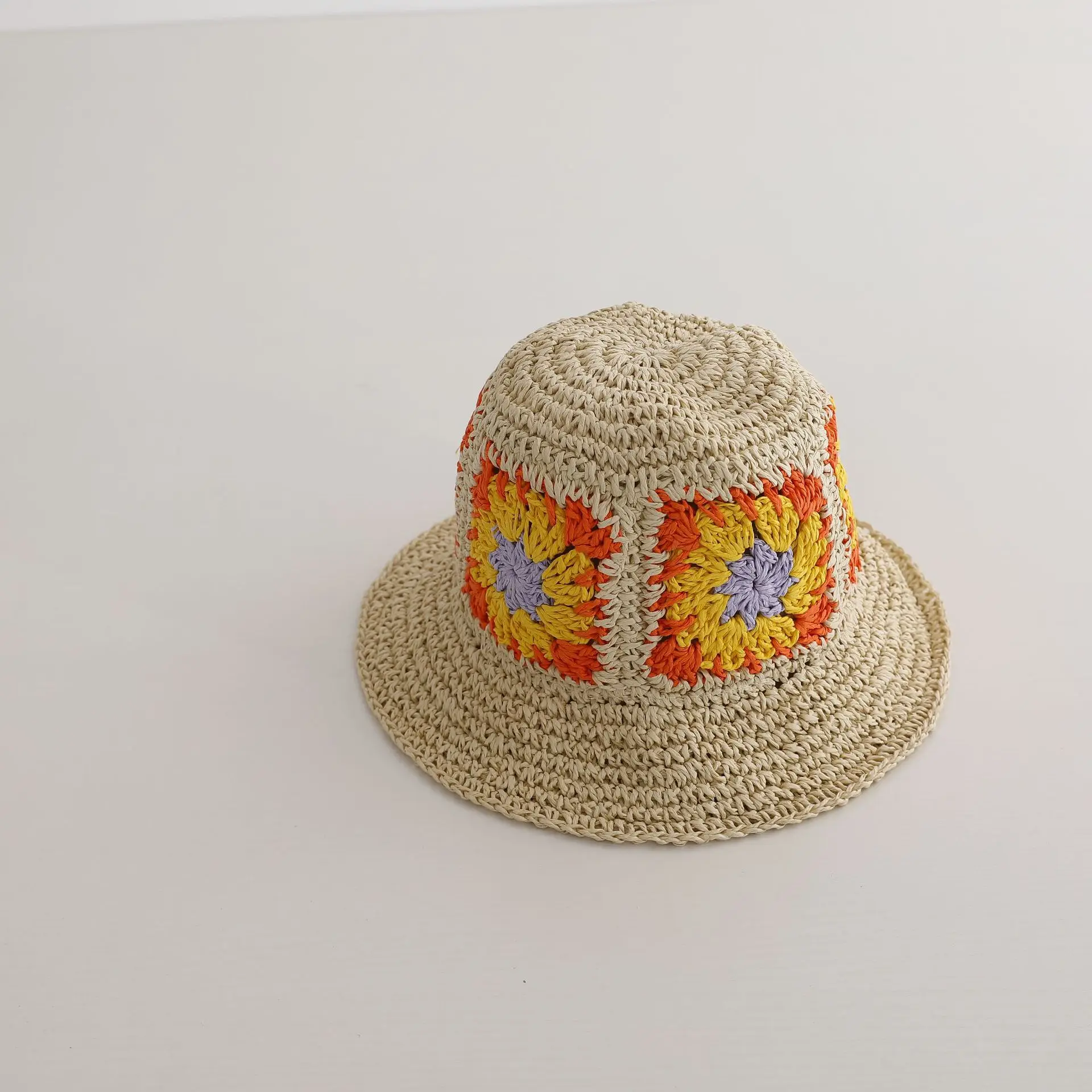 2024 New Summer Beach Vacation Children Sun Hat Simple Knitted Colorful Sunflower Beach Hat