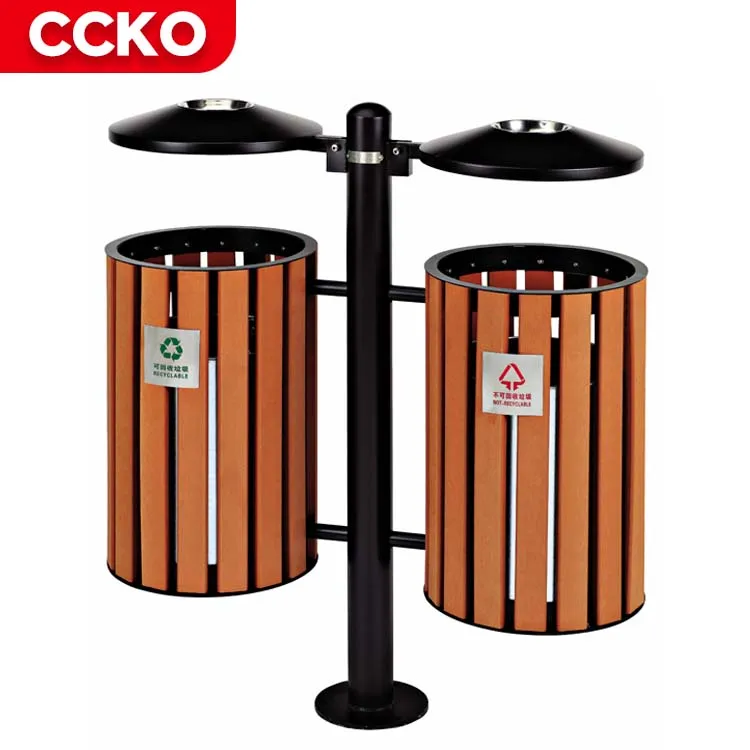 Commercial Trash Bins 2 Compartment Garbage Can Steel Dustbin Wood Waste Bins Recycle Bins Outdoor Trash Can For Street Park