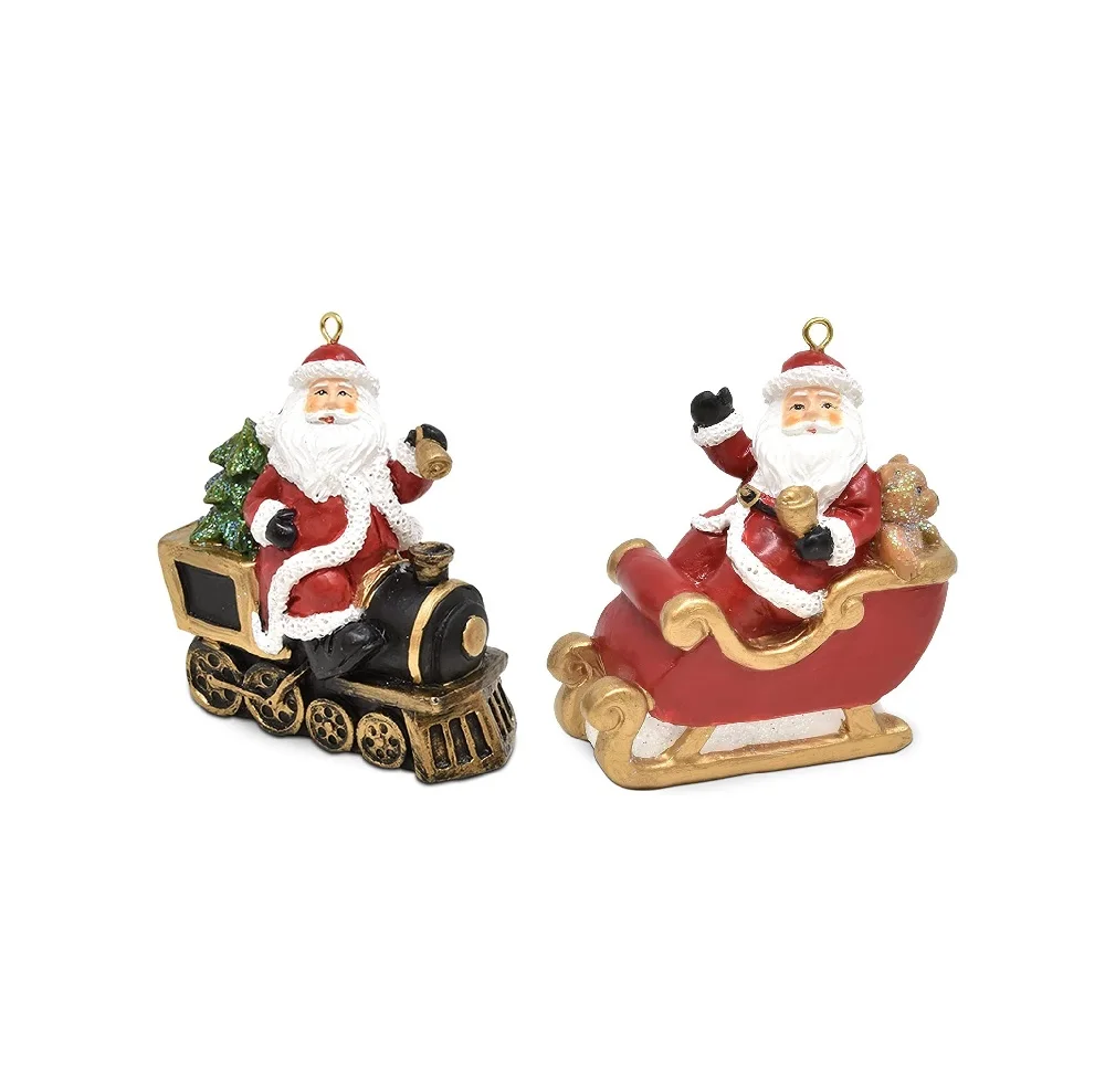 FREE SAMPLE Christmas Santa Figurines Ornaments Decoration Set of 2 Miniature Santa Sleigh and Train Holiday Tree Ornament Decor