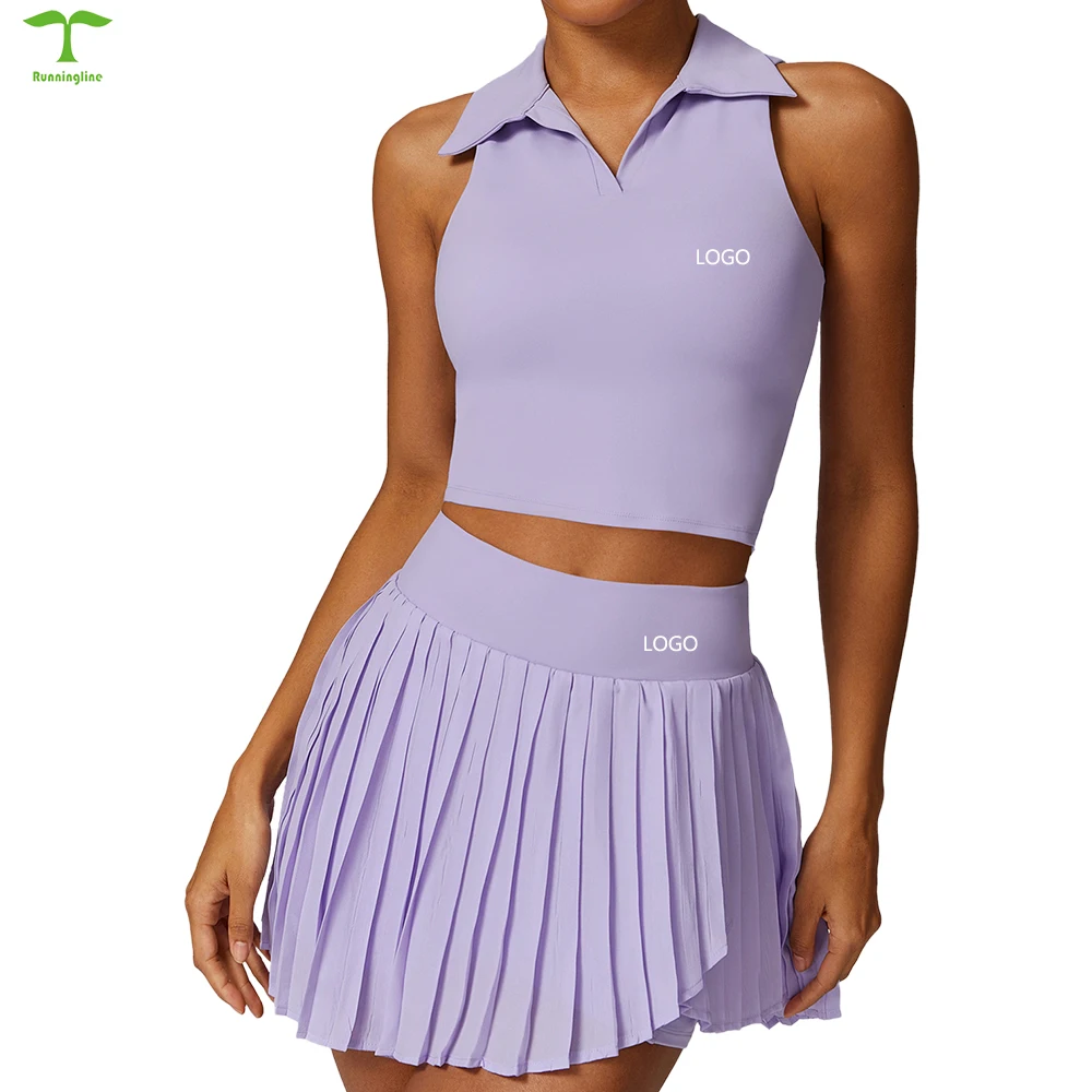 2024 New Style Polar Neck Sports Top Pleated Mini short skirt Set Outdoor Active skirts for women women sportswear