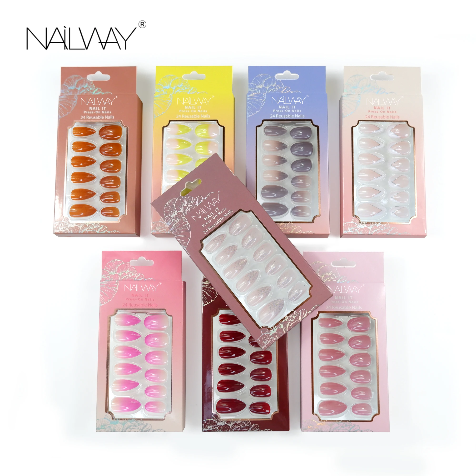 Low Price Pre-Glued Two Shape Glossy Medium Short French Glitter 24 PCs Soft Gel Press on Nails