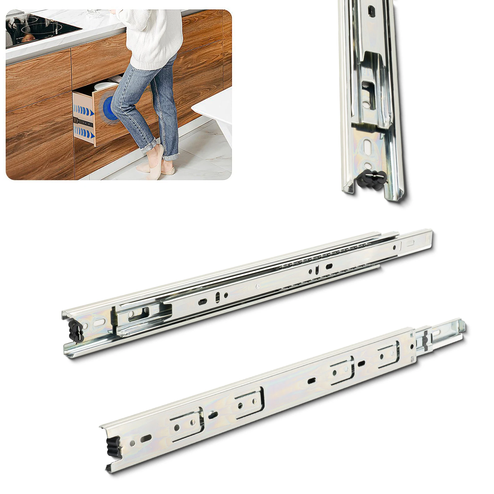 1 Pair Full Extension  Load Capacity Side Mount File Cabinet Dresser Metal Runner Trash Can Kitchen Ball Bearing Drawer Slides