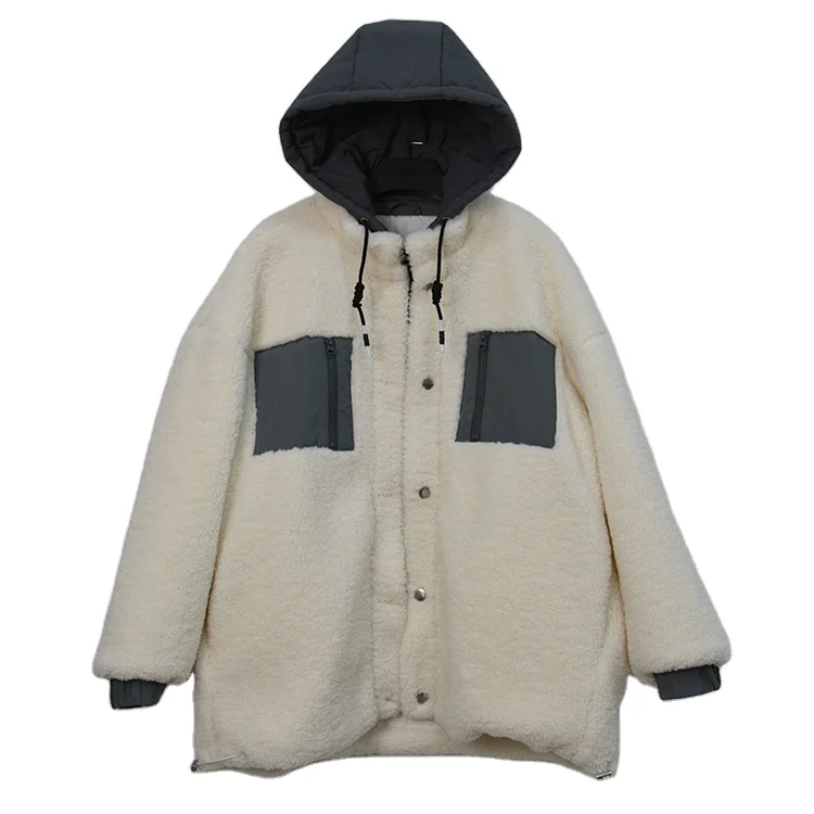 
Oem Custom Fashion Oversized Zippers Single Breasted Women Lamb Sherpa Wool Coat with hooded 
