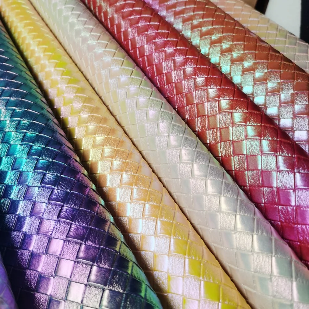 0.8MM Holographic Laser Rainbow Basket Woven Pattern PVC Artificial Synthetic Leather Rolls Fabric For Luggage Handbag Furniture