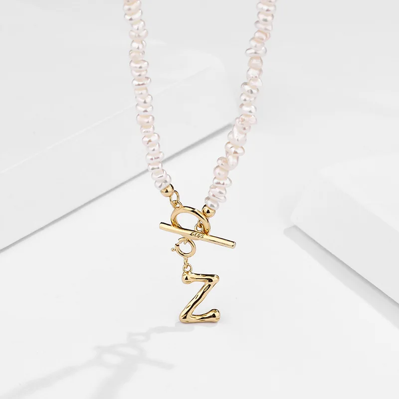 Wholesale Alphabet Baroque Pearl Necklace OT Buckle Clasp Initial Pendant S925 Sterling Silver Gold Plated A-Z Necklace