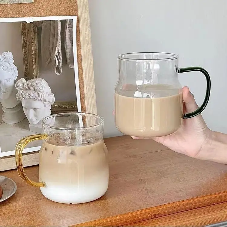 575 ml High borosilicate glass single-layer water cup, large belly cup, milk cup, heat-resistant glass colored handle cup
