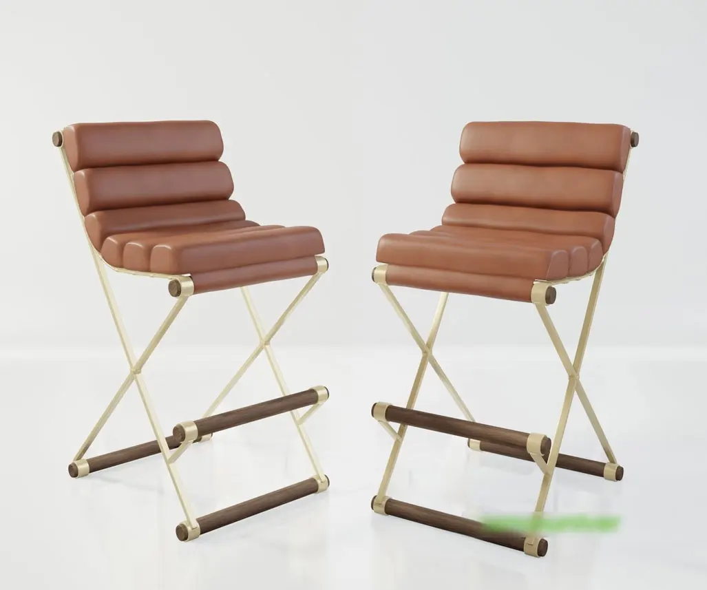 Custom Logo Designer Privy Cocktail Brass Ribbed Leather Kitchen Counter Height Bar Stools