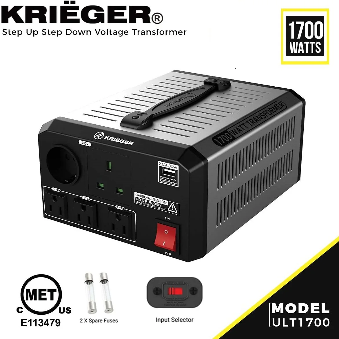 Krieger 1700 Watt Voltage Transformer 110/120V to 220/240V Step Up transformer MET Approved