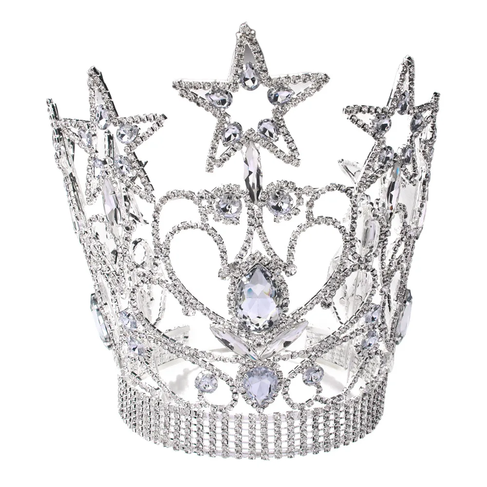 New Full Diamond Star and heart Round Crown Super Size Beauty Selection Diamond Beauty Pageant champion Crown