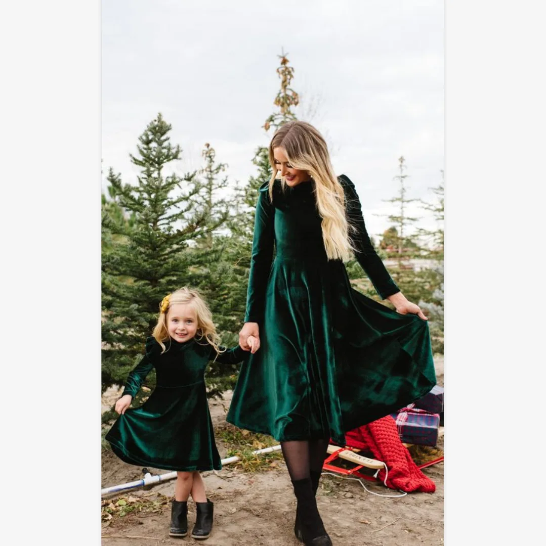 Velvet Fall Mommy And Me Outfits Casual Solid Color Parent-Child Mother And Daughter Velour Outfits Family Matching Dress