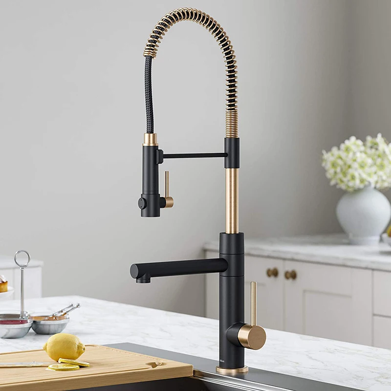 Modern 360 Rotating Deck Mounted Mixer Kitchen Sink Faucet Gold and Black Luxury Brass Provided Contemporary Ceramic 2pcs
