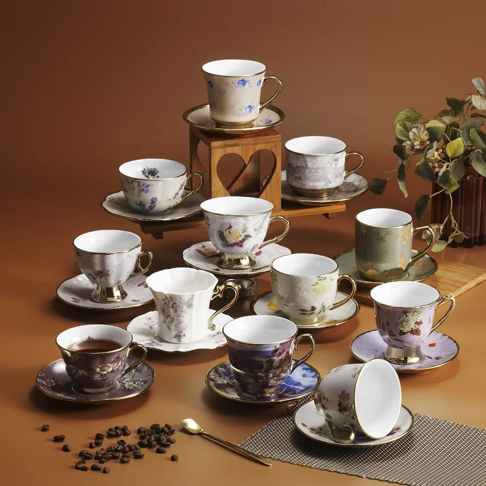 Turkish party vintage coffee tea cup set banquet gold rim floral tea cup and saucer custom