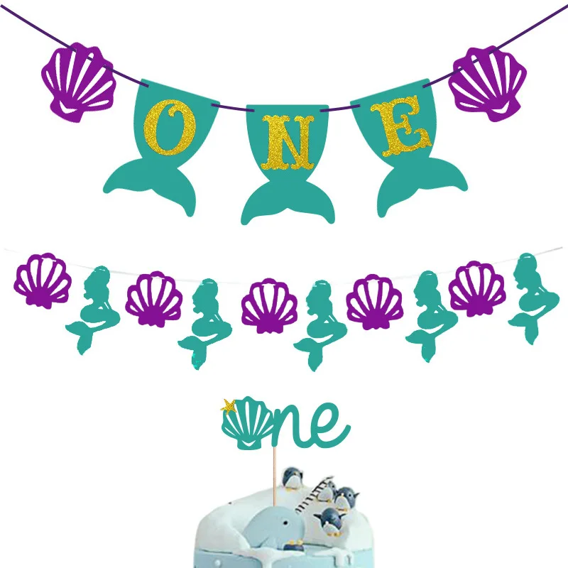 Factory Sale baby one birthday party decoration cake card insertion Mermaid flag happy birthday banner for outside