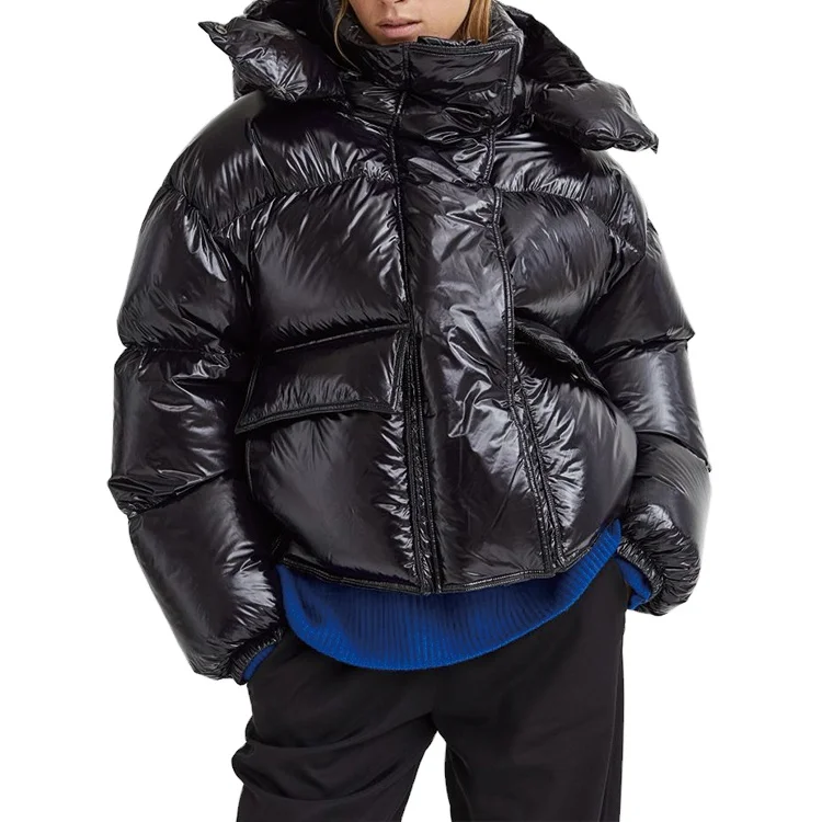 Fashion Shiny Zipper Puffer Jacket Women Winter Padded Quilted Jackets Coat Custom Autumn Warm Puffer Hooded Jacket women