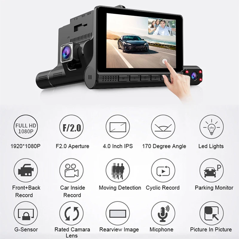  Прямая продажа Автомобильный видеорегистратор 3 объектива камеры Dashcam 1080P HD 4 дюймовый сенсорный экран авто видеомагнитофон фронтальная камера заднего вида 24 часа в сутки черный