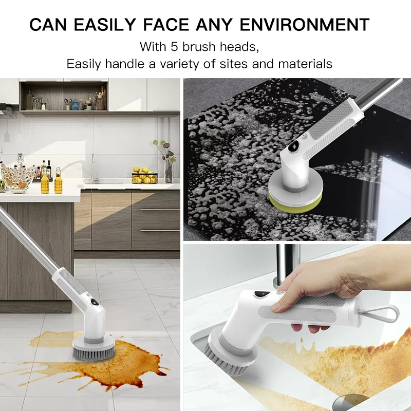 5-in-1 USB Chargeable Cleaning Brush long pole extendable Cordless Power Scrubber Kitchen Replaceable Electric Spin Scrubber
