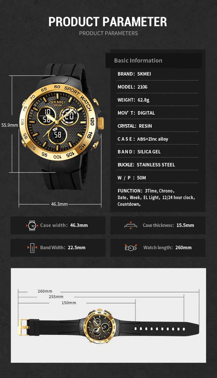 Skmei 2106 fancy odm men digital watch best Silicone strap water resist double display  sports watch manufacturer