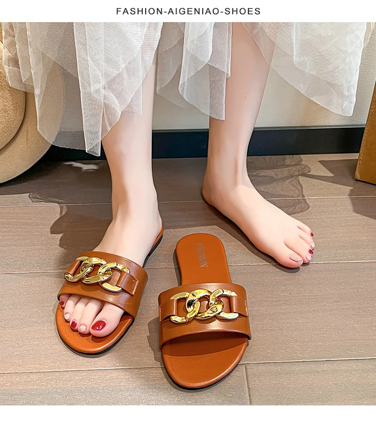 new fashion metal buckle large size women flat non-slip open toe slipper slides pvc sandals metal chain women sandals