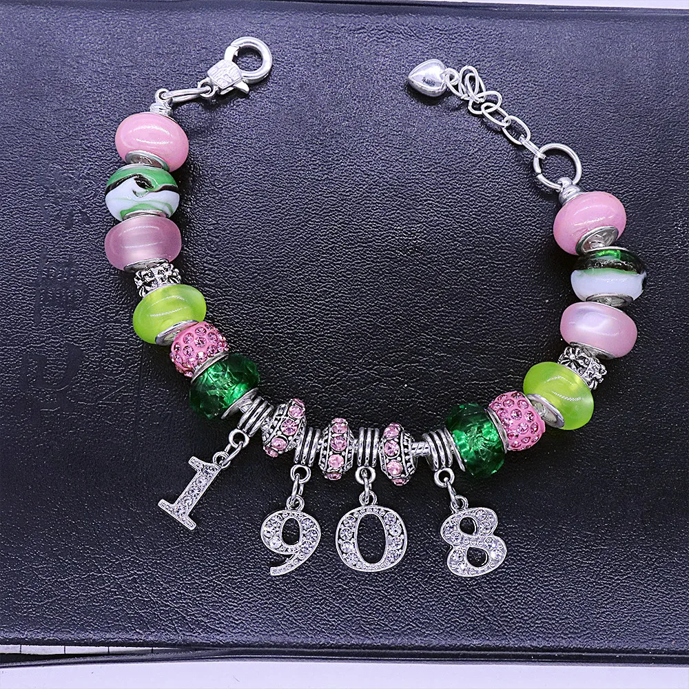 Stylish Pink And Green Stone Greek Alpha Symbol Founding Year 1908 Charms Decorated Luxury Beaded Adjustable Soror Bracelet