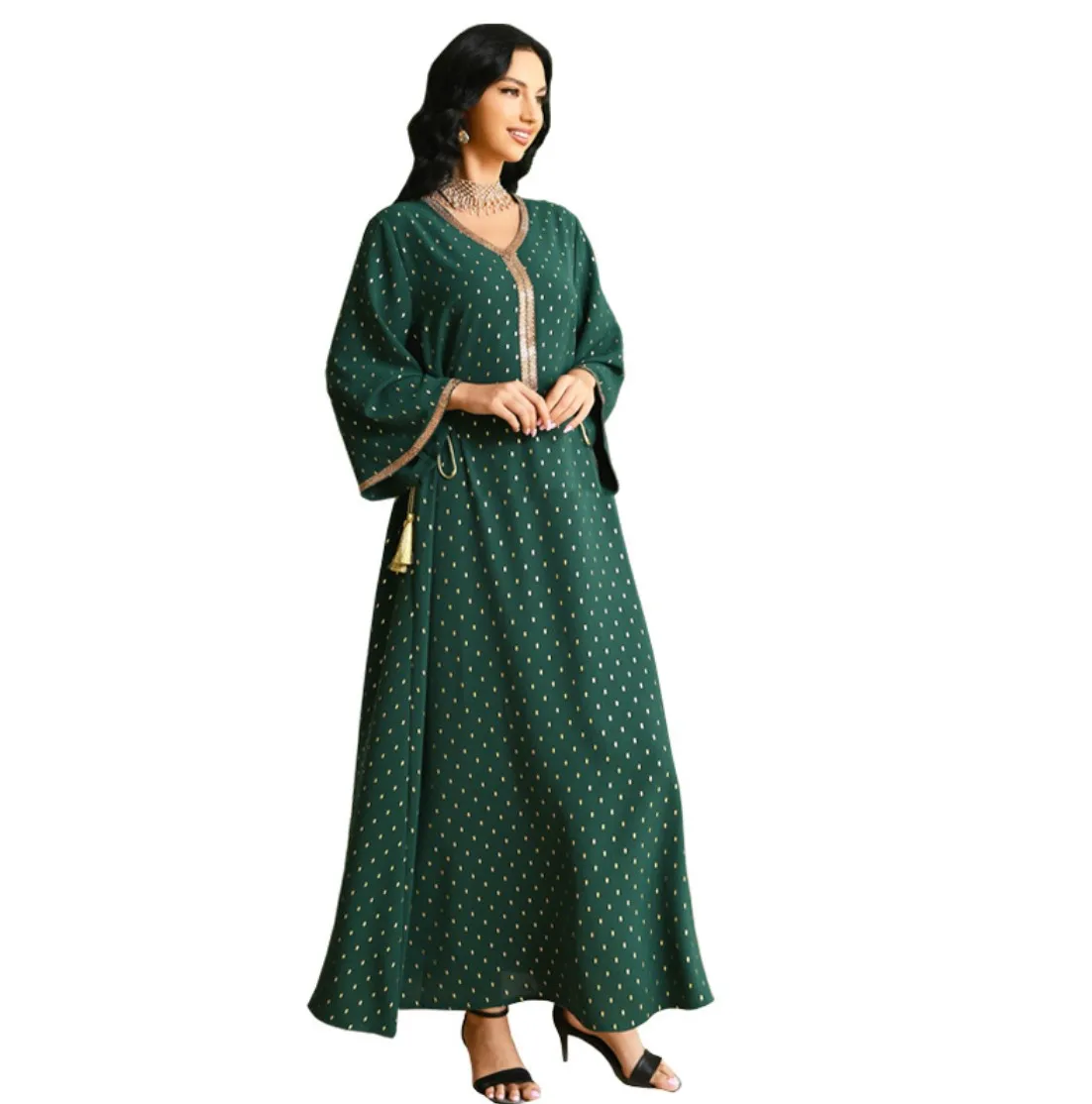 Fall 2022 women clothes lady maxi gown white green red Arabic gold blocking diamonds fancy dubai abaya Muslim women dress