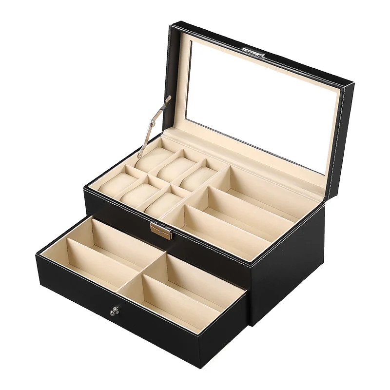 PU Leather 6 Slots Watch Storage 9 Glasses Double Layers Sunglasses Watch Jewelry Gift Packaging Box