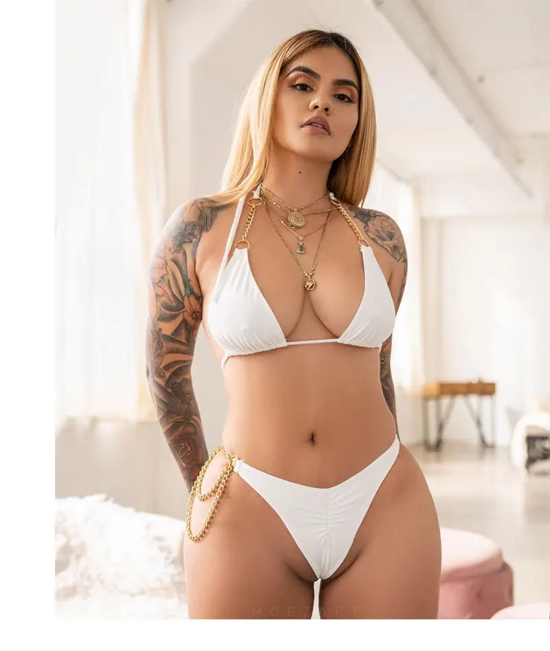 Trendy Triangle Bikini  Women Swimsuit Wholesale Solid Color Sexy Bikini With Chain Connection Metallic Swimsuit