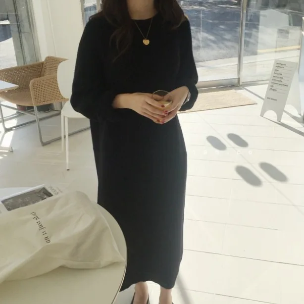 Custom Hot Sale Korean Fashion Lady Winter Thick Warm Loose Casual Dresses Women Knit Pullover Maxi Long Sweater Dress