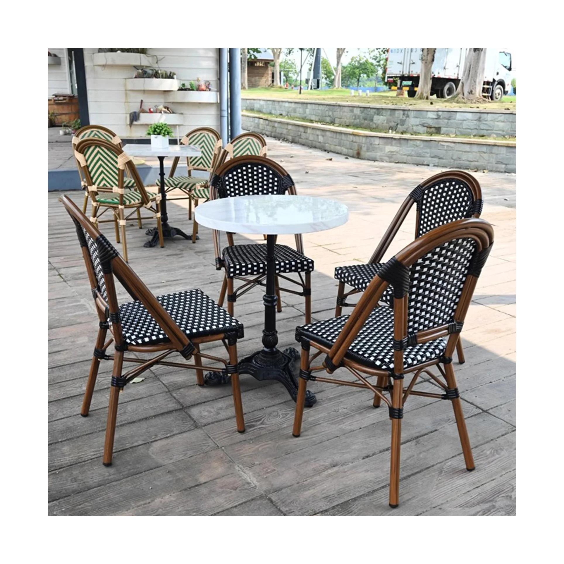 MOJIA Durable wicker French bistro dining set standard PE rattan metal chair with aluminum frame weave chair for garden