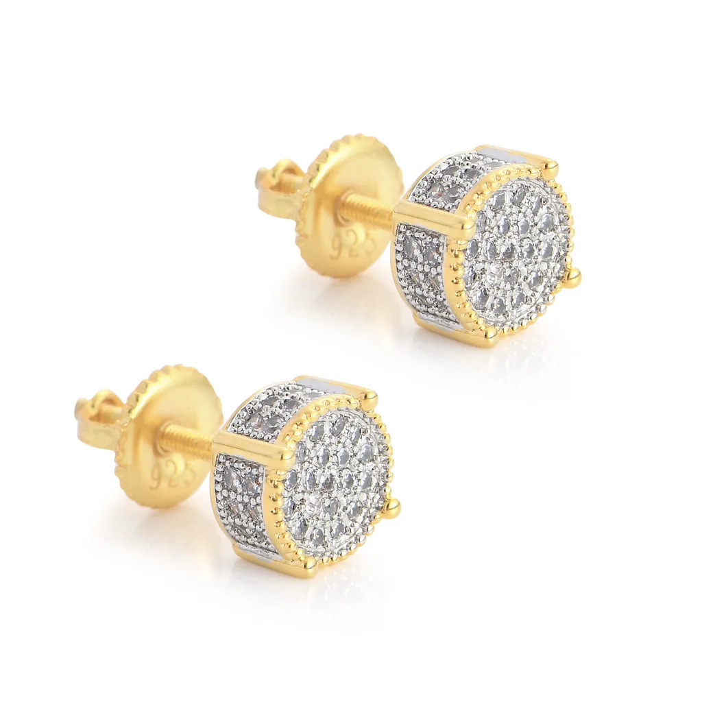 Wholesale Hip Hop Gold Plated 5A CZ Stone 925 Sterling Silver High Quality Round Two-color Bridal Wedding Stud Earrings