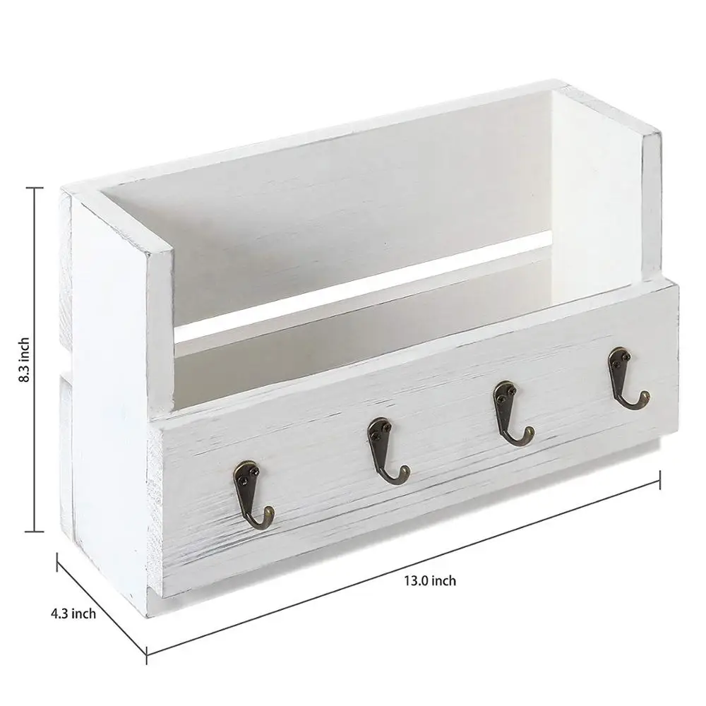
Antique White Wood Wall-Mounted Magazine Mail Holder with 4 Key Hooks 