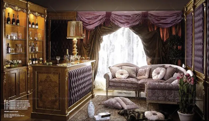 Royal luxury golden living room wooben bar counter and wine cabinet set