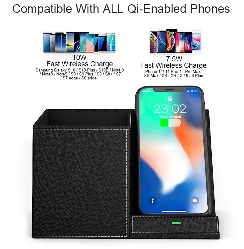 10w Qi Certificate Leather Desk Organizer Wireless Charger Pen Holder for iphone 13